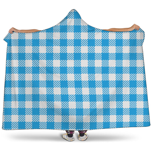 Azure Blue And White Gingham Print Hooded Blanket