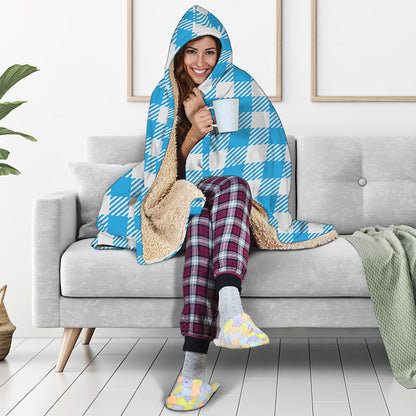 Azure Blue And White Gingham Print Hooded Blanket