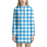 Azure Blue And White Gingham Print Hoodie Dress