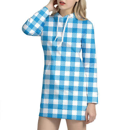 Azure Blue And White Gingham Print Hoodie Dress