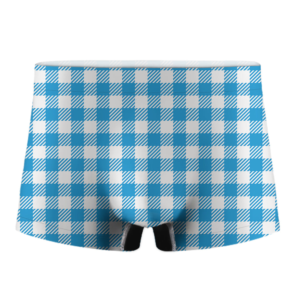 Azure Blue And White Gingham Print Men's Boxer Briefs