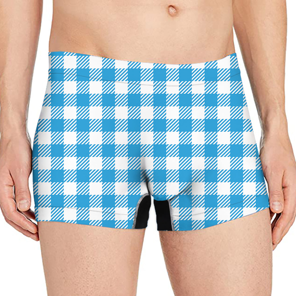 Azure Blue And White Gingham Print Men's Boxer Briefs