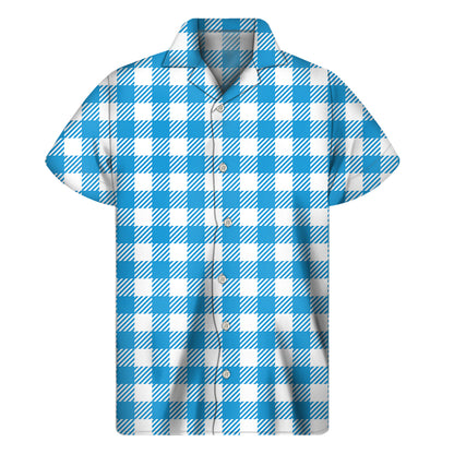 Azure Blue And White Gingham Print Men's Short Sleeve Shirt