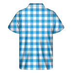 Azure Blue And White Gingham Print Men's Short Sleeve Shirt