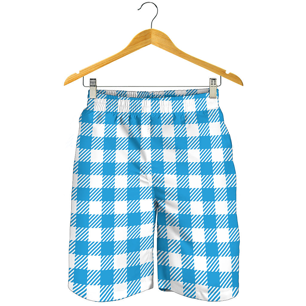 Azure Blue And White Gingham Print Men's Shorts
