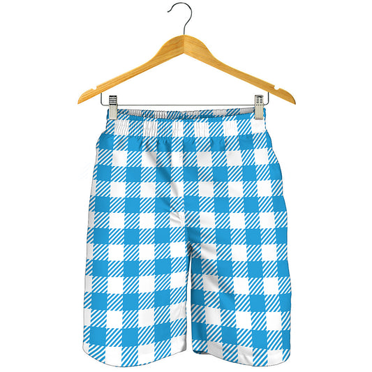 Azure Blue And White Gingham Print Men's Shorts