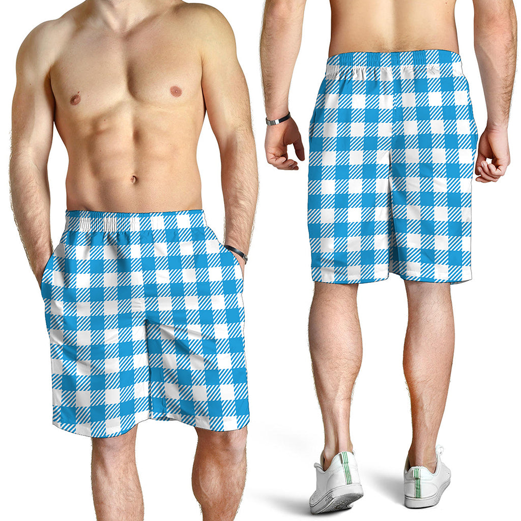 Azure Blue And White Gingham Print Men's Shorts