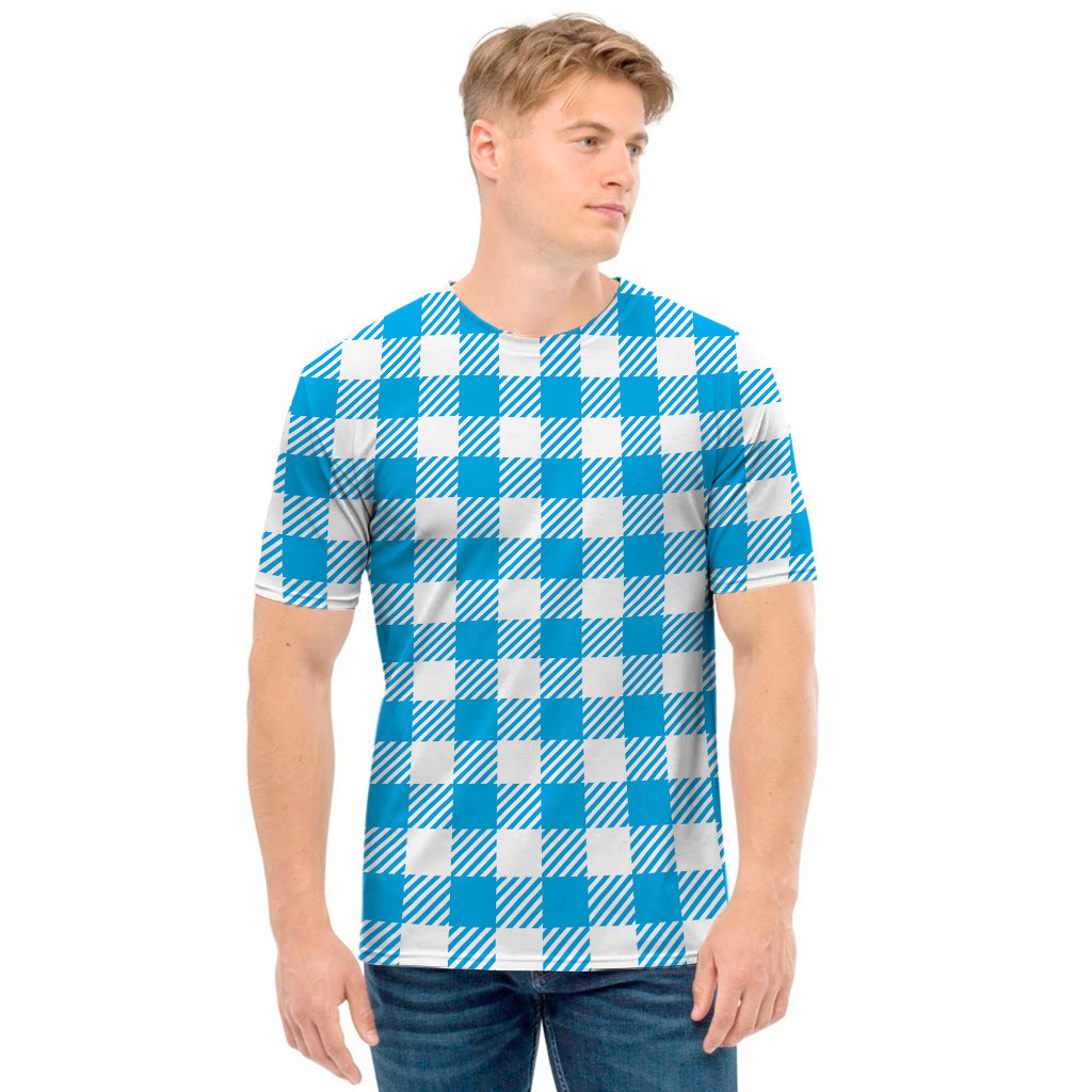 Azure Blue And White Gingham Print Men's T-Shirt