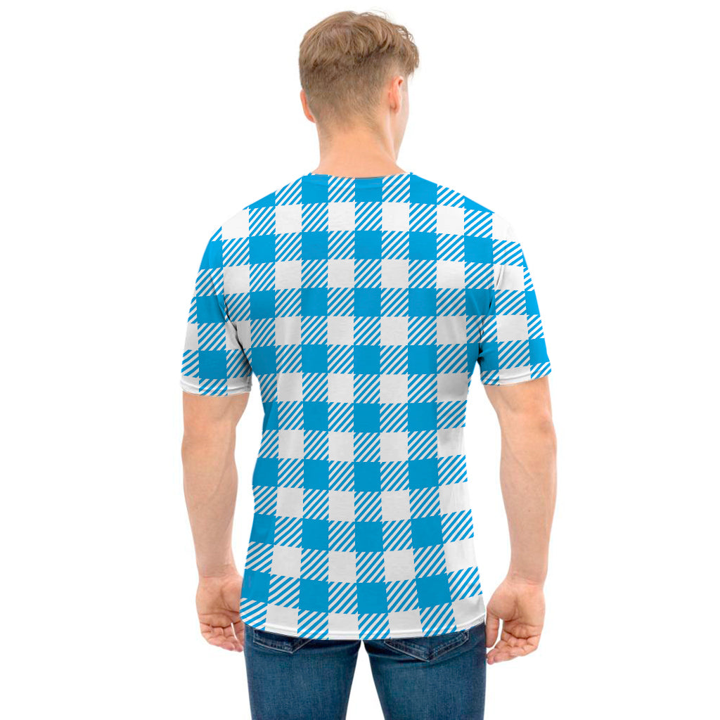 Azure Blue And White Gingham Print Men's T-Shirt