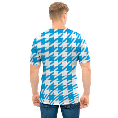 Azure Blue And White Gingham Print Men's T-Shirt