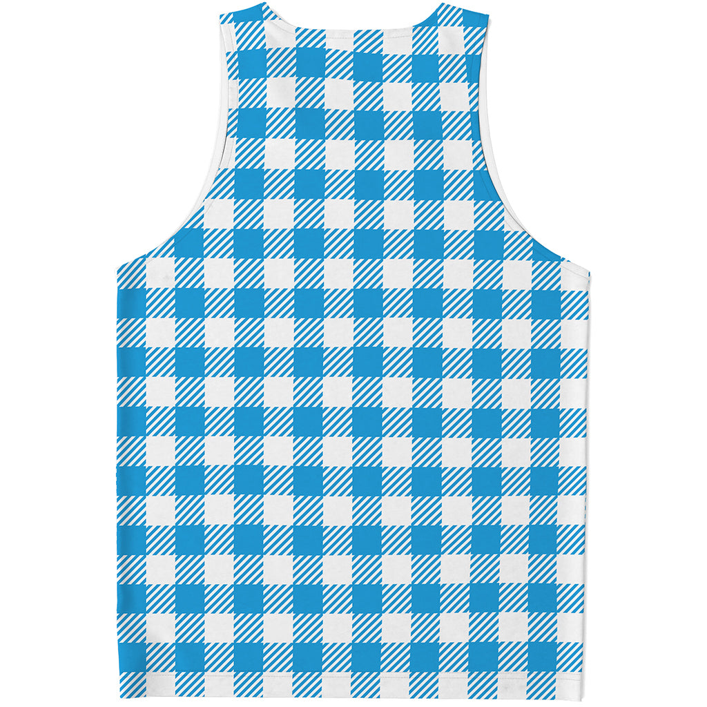 Azure Blue And White Gingham Print Men's Tank Top