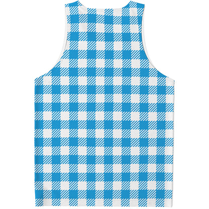 Azure Blue And White Gingham Print Men's Tank Top