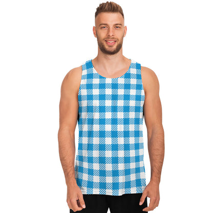 Azure Blue And White Gingham Print Men's Tank Top