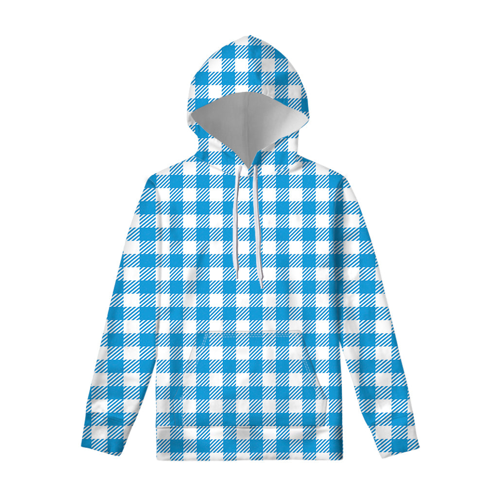 Azure Blue And White Gingham Print Pullover Hoodie
