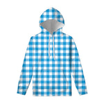 Azure Blue And White Gingham Print Pullover Hoodie