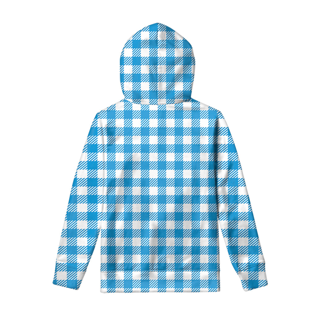 Azure Blue And White Gingham Print Pullover Hoodie