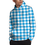 Azure Blue And White Gingham Print Pullover Hoodie