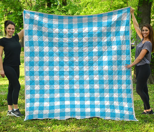 Azure Blue And White Gingham Print Quilt