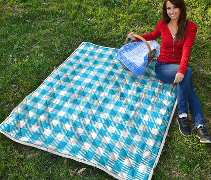 Azure Blue And White Gingham Print Quilt