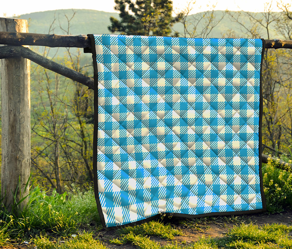 Azure Blue And White Gingham Print Quilt