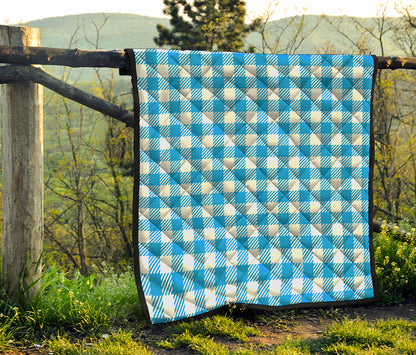 Azure Blue And White Gingham Print Quilt