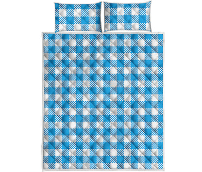 Azure Blue And White Gingham Print Quilt Bed Set