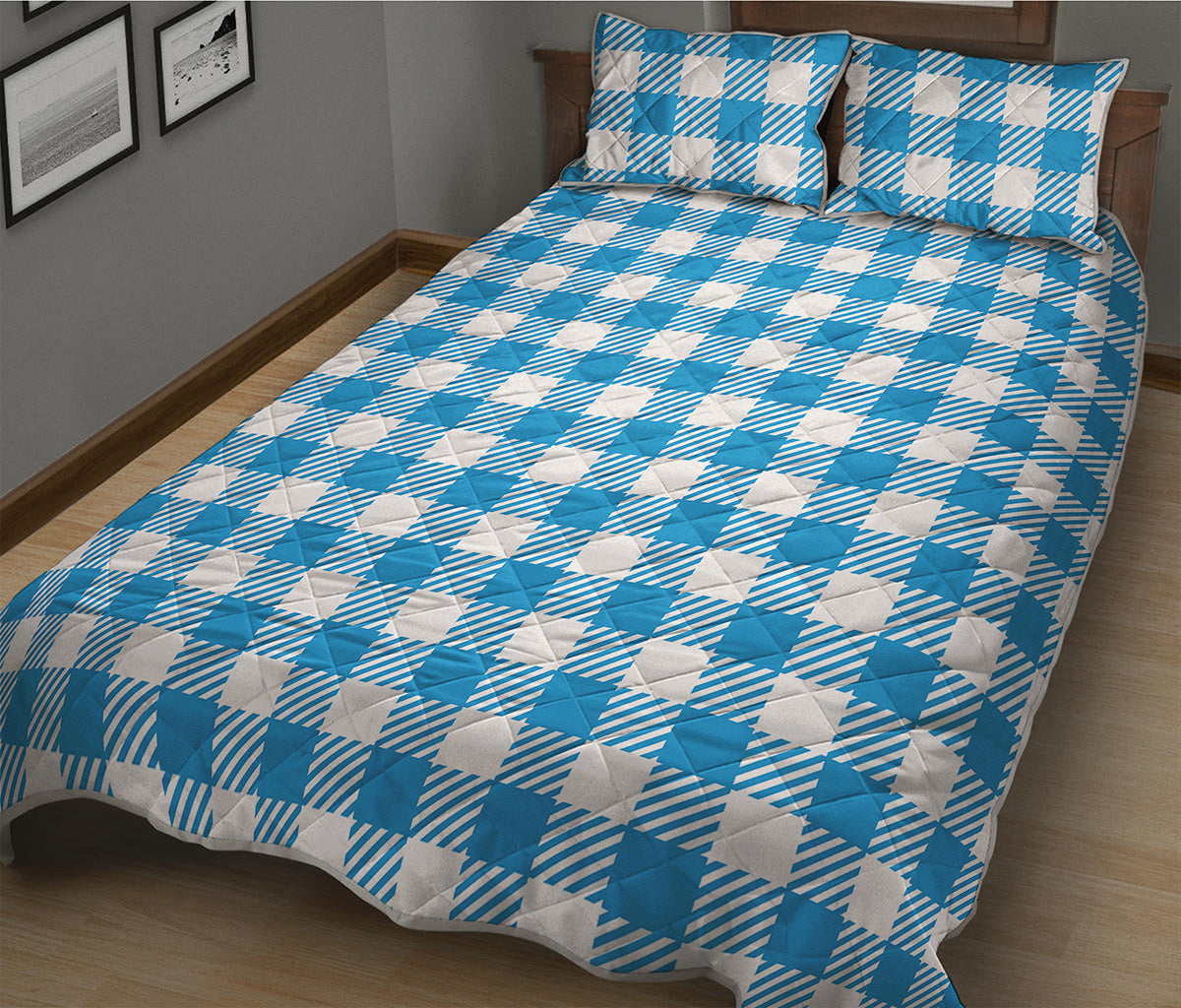 Azure Blue And White Gingham Print Quilt Bed Set