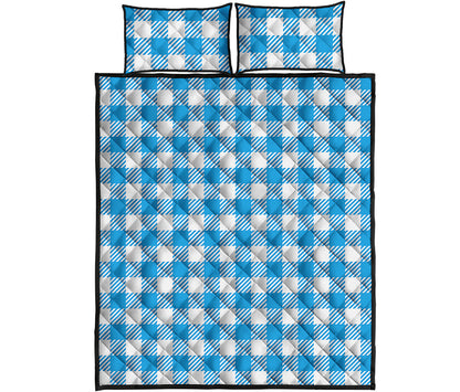 Azure Blue And White Gingham Print Quilt Bed Set
