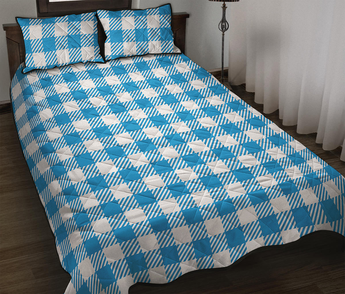 Azure Blue And White Gingham Print Quilt Bed Set