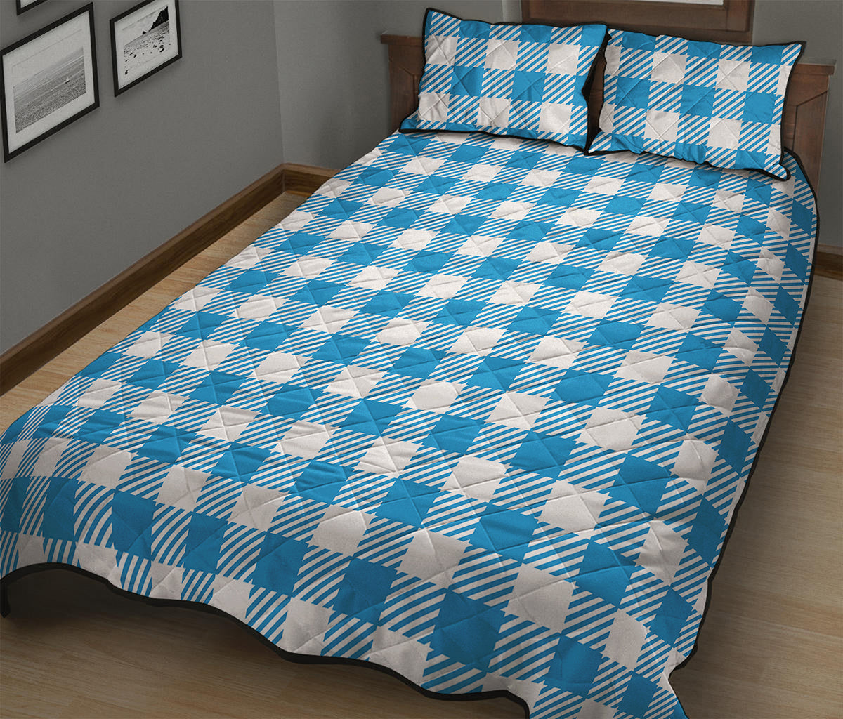 Azure Blue And White Gingham Print Quilt Bed Set