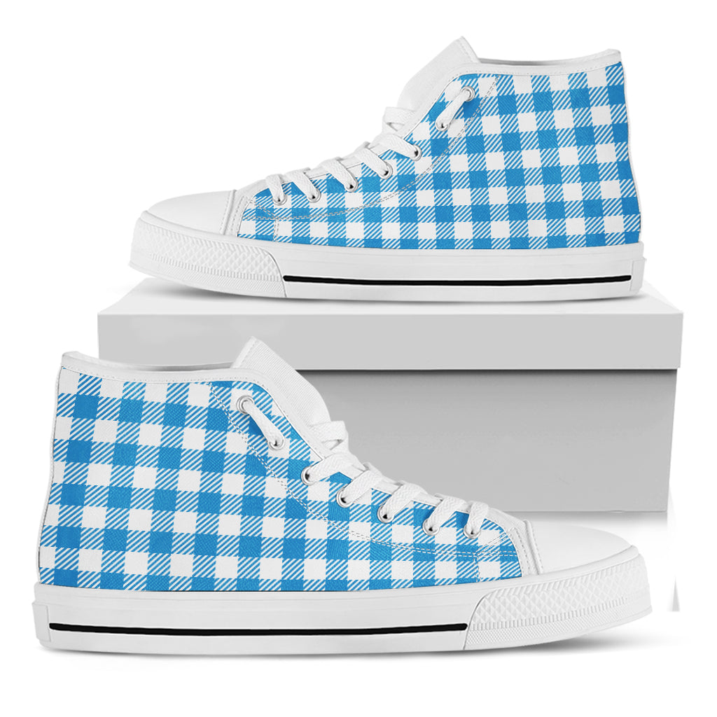 Azure Blue And White Gingham Print White High Top Shoes