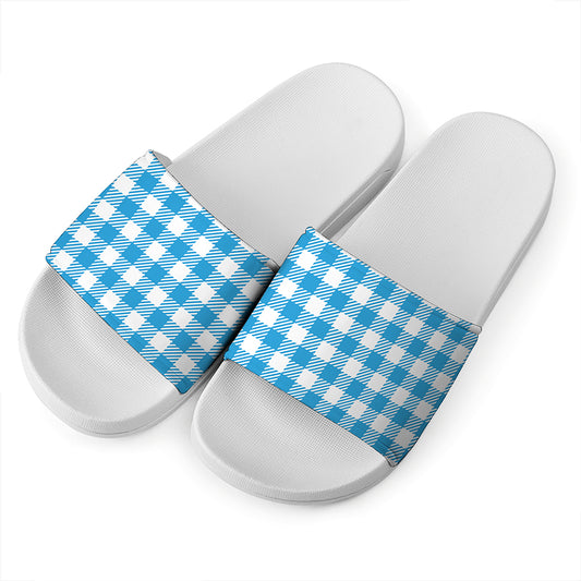 Azure Blue And White Gingham Print White Slide Sandals