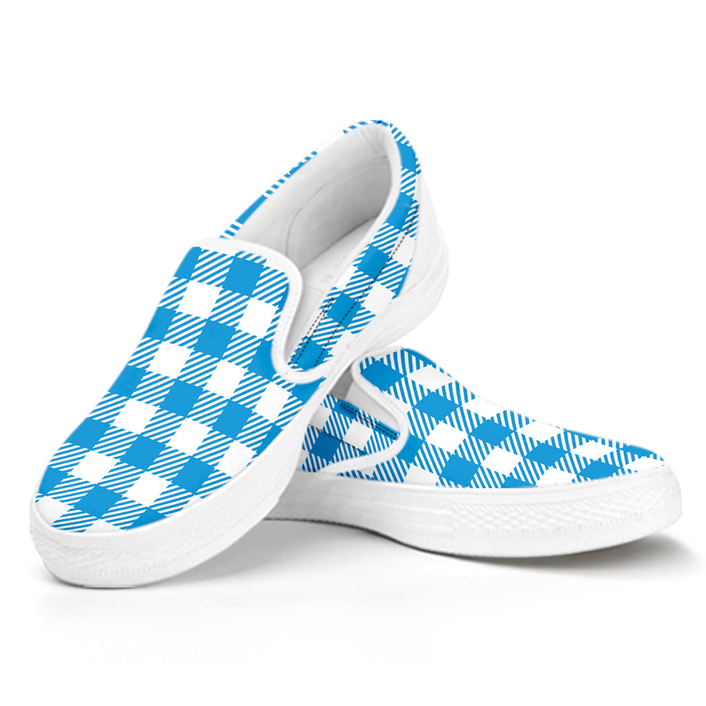 Azure Blue And White Gingham Print White Slip On Shoes