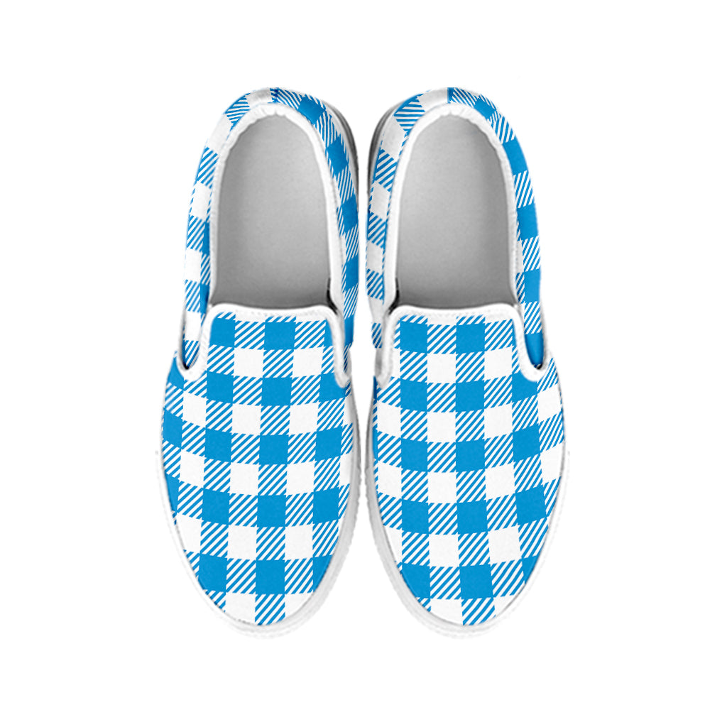 Azure Blue And White Gingham Print White Slip On Shoes