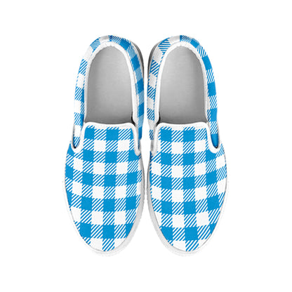 Azure Blue And White Gingham Print White Slip On Shoes