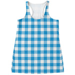 Azure Blue And White Gingham Print Women's Racerback Tank Top