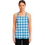 Azure Blue And White Gingham Print Women's Racerback Tank Top