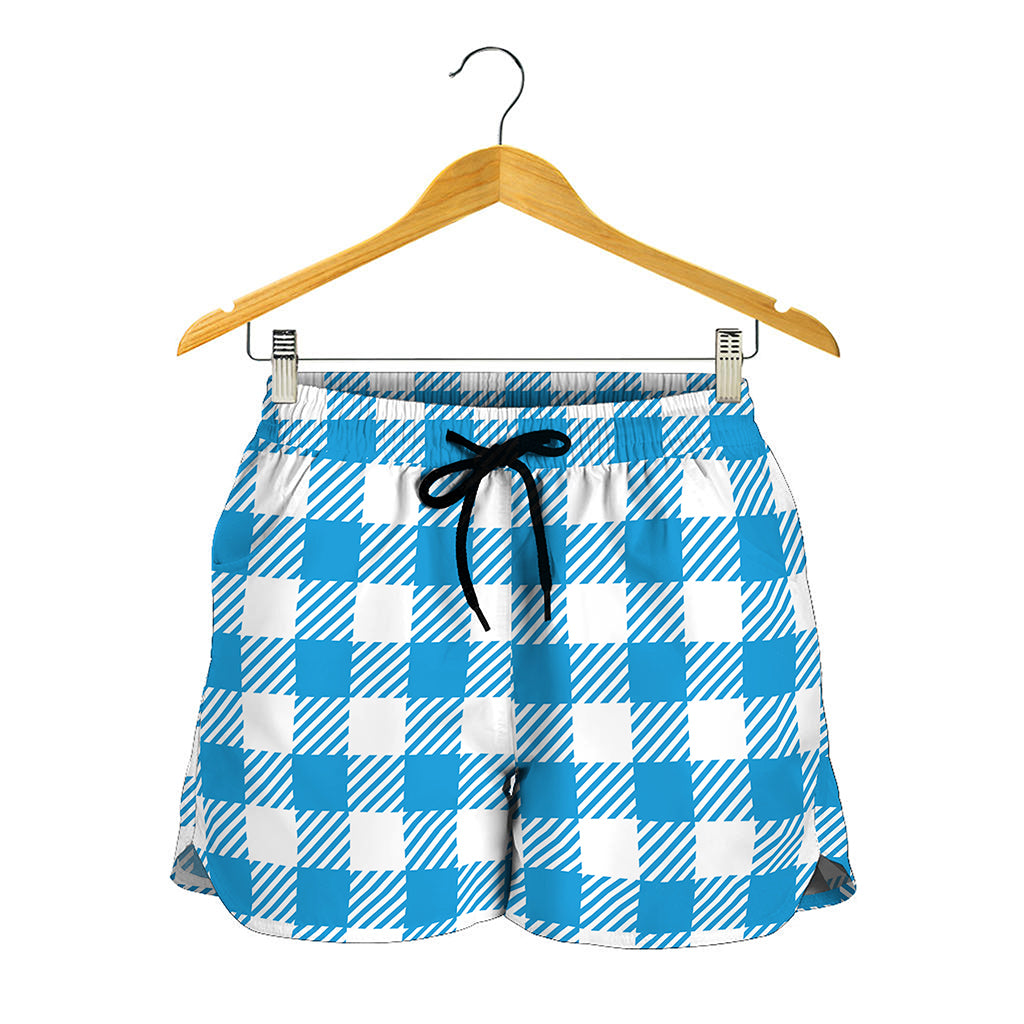 Azure Blue And White Gingham Print Women's Shorts