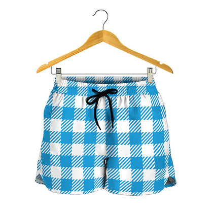 Azure Blue And White Gingham Print Women's Shorts