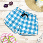 Azure Blue And White Gingham Print Women's Shorts