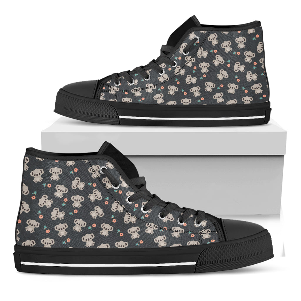 Baby Koala And Floral Pattern Print Black High Top Shoes