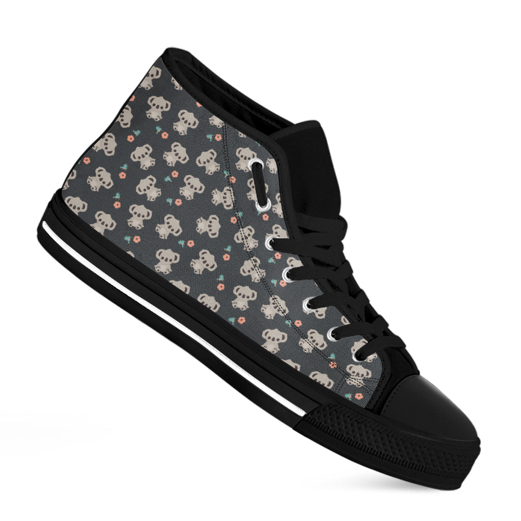 Baby Koala And Floral Pattern Print Black High Top Shoes