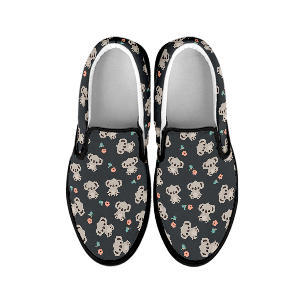 Baby Koala And Floral Pattern Print Black Slip On Shoes