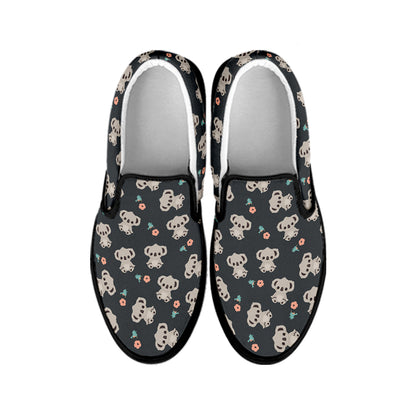 Baby Koala And Floral Pattern Print Black Slip On Shoes