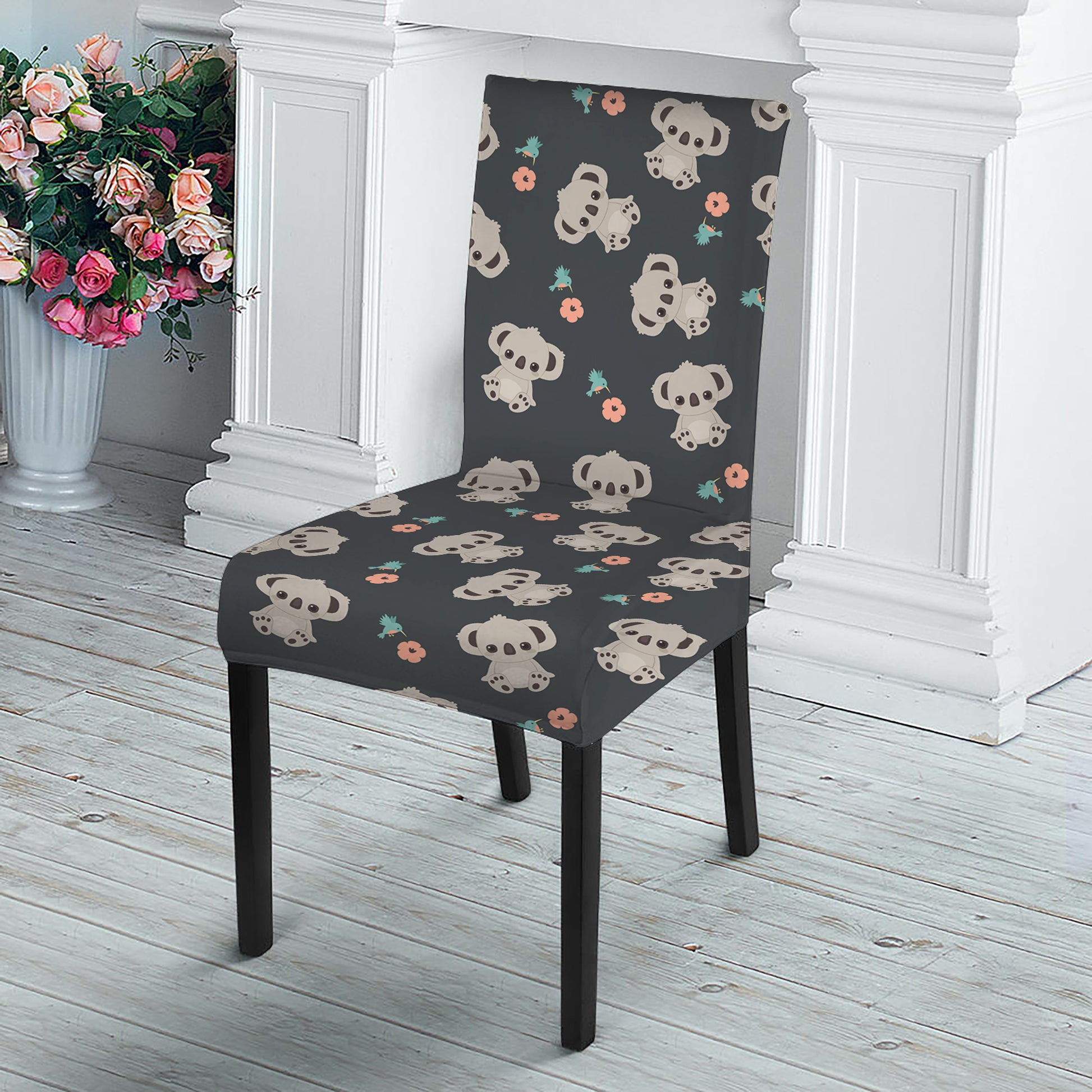 Baby Koala And Floral Pattern Print Dining Chair Slipcover