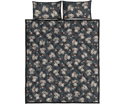 Baby Koala And Floral Pattern Print Quilt Bed Set