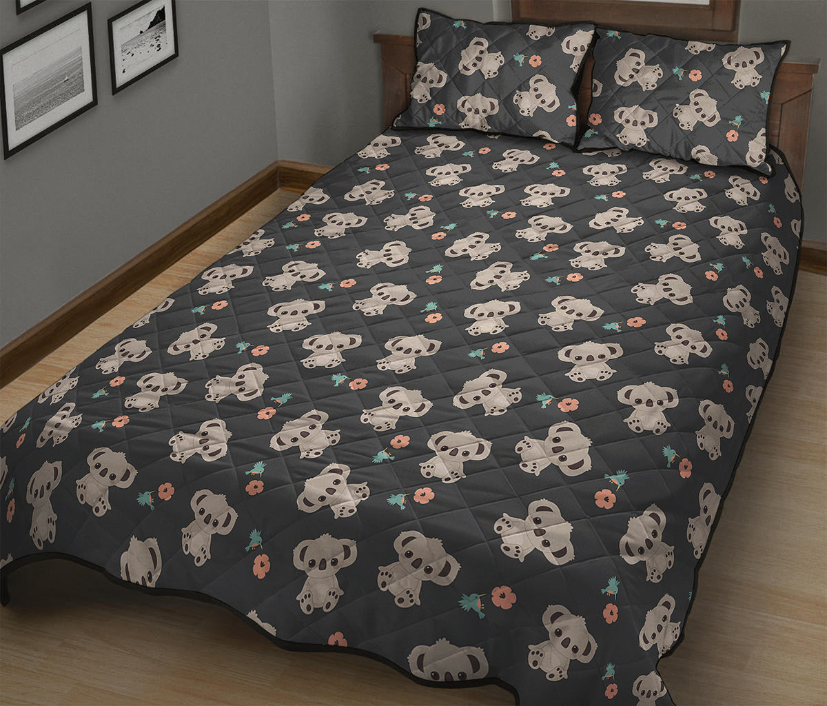 Baby Koala And Floral Pattern Print Quilt Bed Set