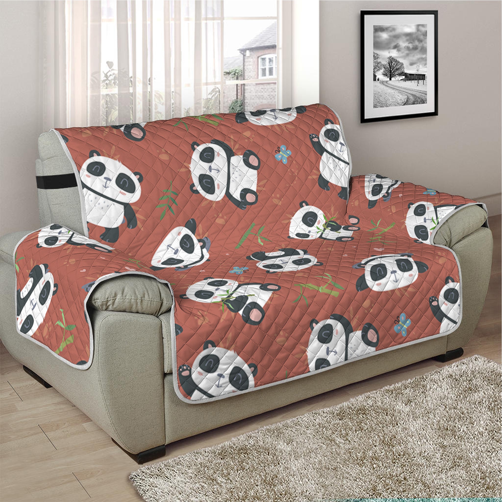 Baby Panda And Bamboo Pattern Print Half Sofa Protector