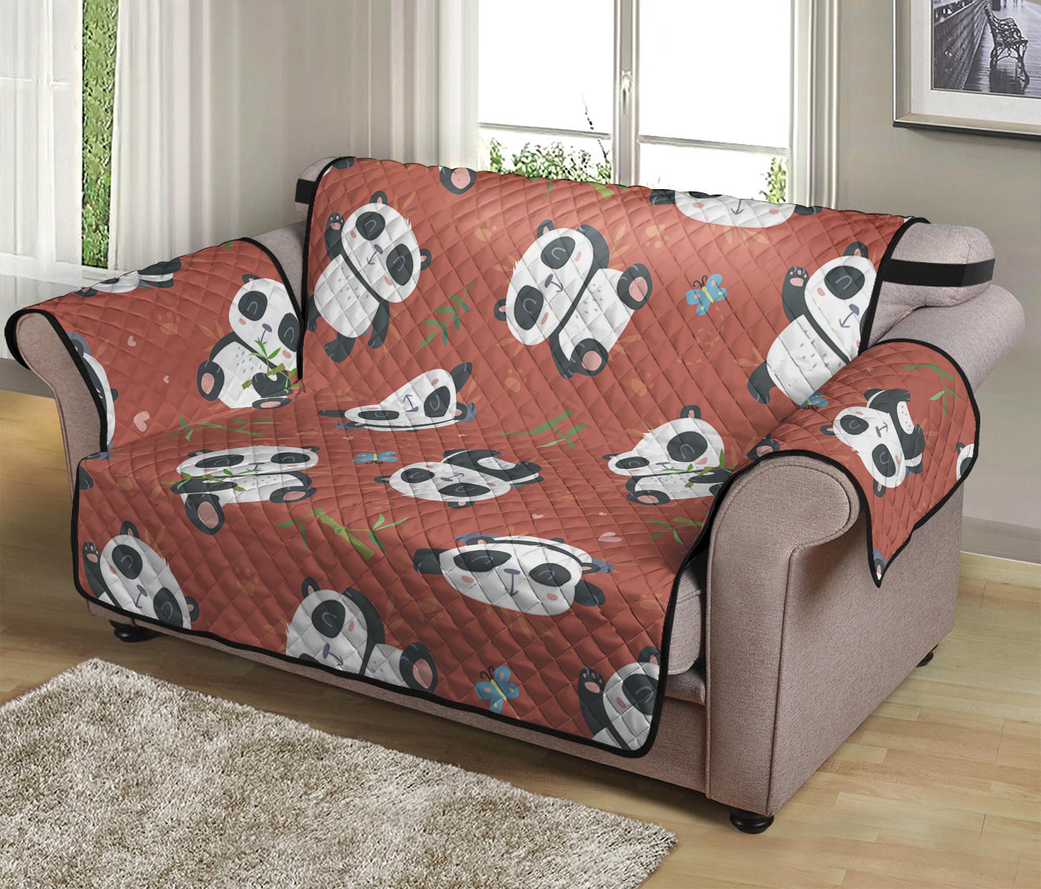 Baby Panda And Bamboo Pattern Print Loveseat Protector