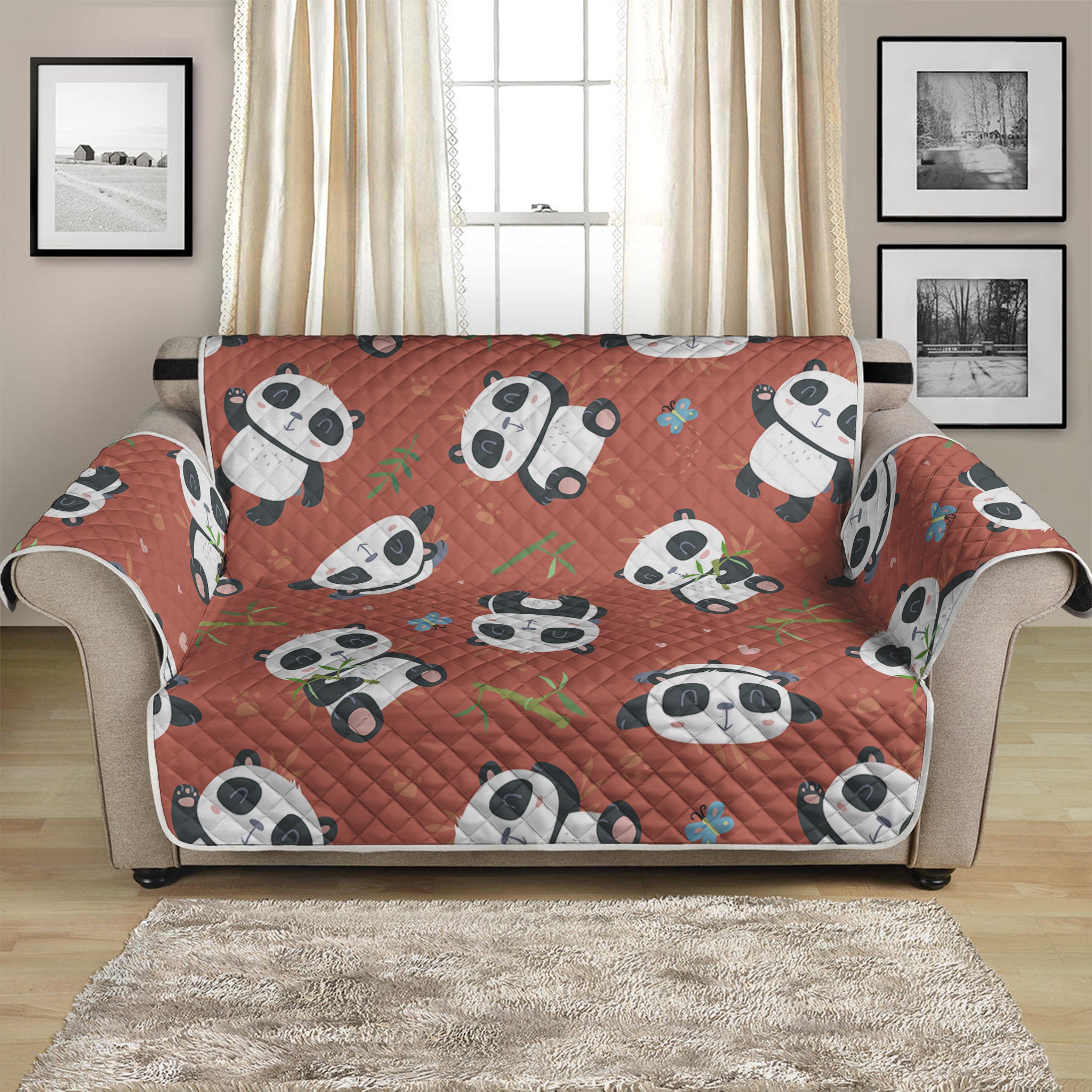 Baby Panda And Bamboo Pattern Print Loveseat Protector